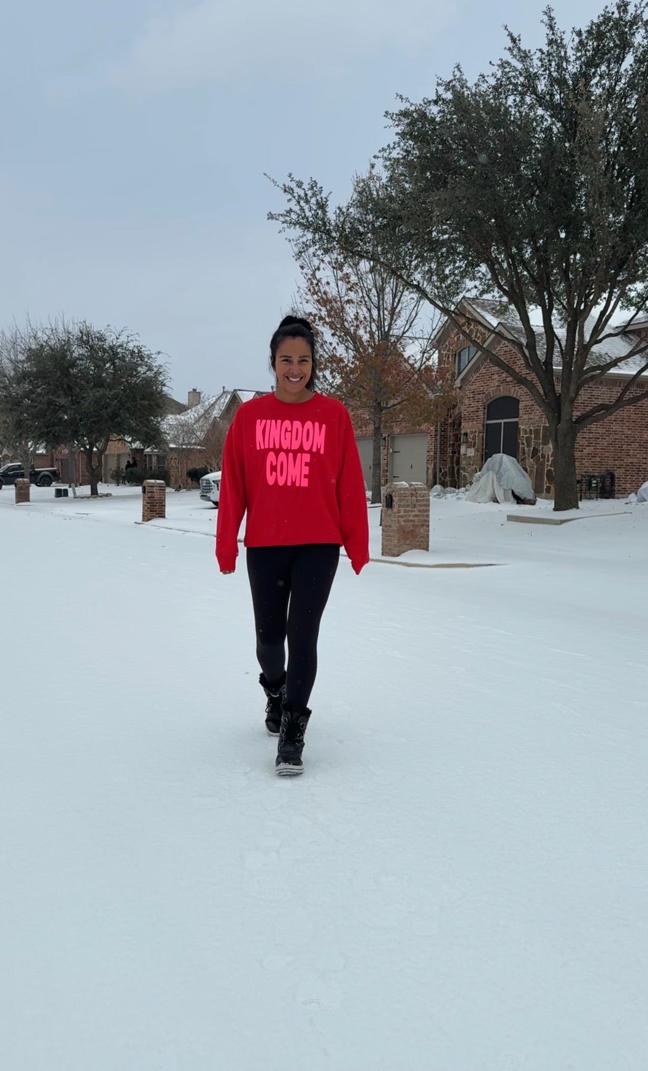 Neon pink on red crewneck