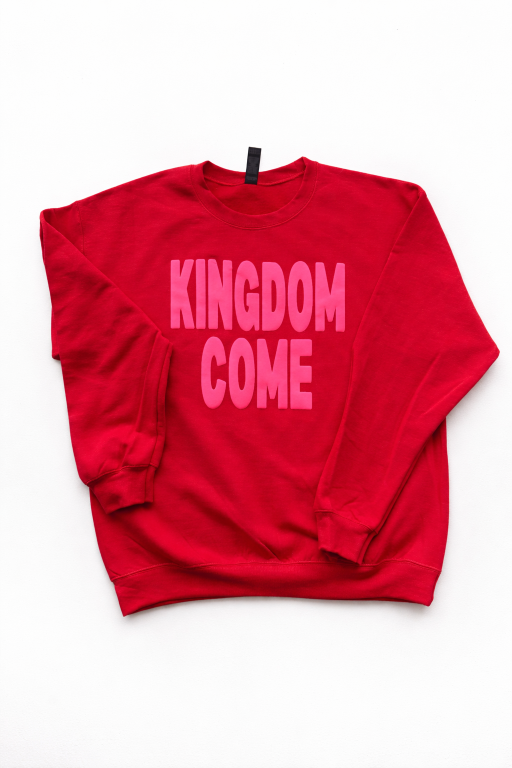 Neon pink on red crewneck